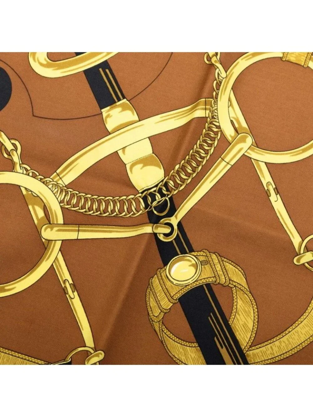 Hermes Carre 90 Eperon D'or Apron Yellow Gold Spurs Scarf Brown Silk